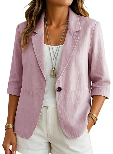 Blazer per Le Donne Completo da Donna in Lino E Cotone Cardigan Aperto sul Davanti Maniche A 3/4 Casual da Lavoro da Ufficio Elegante Leggero Estivo con Tasche A Filetto Singole