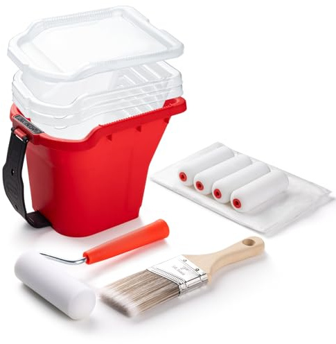 Mister Rui Hand Held Paint Bucket Kit 12 Pcs with Magnetic Holder, No-Drip Edge & Quick Liners, Paint Cup Includes 4 Foam Rollers, 2 Brush, Adjustable Handle for Trim & Detail Work