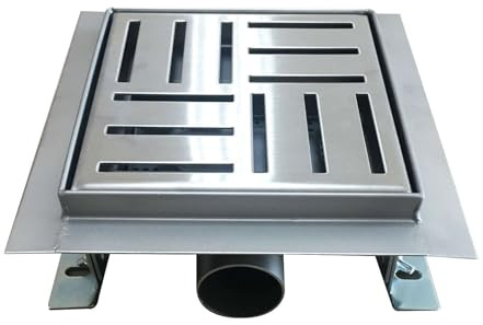 DOMEO Caniveau de douche carré motif quadrillé 12 x 12 cm siphon anti-odeurs, drainage 36l/min, h. réglable