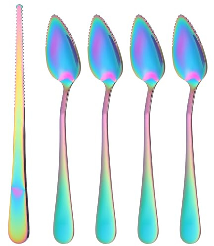 Cucchiaio da pompelmo, set da 5 pezzi, 4 cucchiai di pompelmo in acciaio inox e 1 coltello da pompelmo, cucchiaio kiwi, bordi seghettati, cucchiaio per frutta per kiwi, bacche, pompelmo, mele (colori