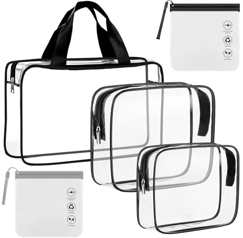 Kulturtasche Transparent, 3 Stück Verdickte PVC Wasserdicht Kosmetiktasche Durchsichtig mit 2 Stück Flugzeug Flüssigkeiten Beutel, Kulturbeutel Transparent für Reise, Handgepäck und Organisation