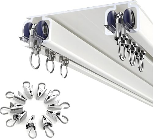 Gardinenschiene 2 Läufig Deckenmontage Alu, 50cm-600cm Doppelläufige Vorhangschiene mit Leiser Gleitfunktion für Wohnzimmer Schlafzimmer Vorhänge(White,350cm)