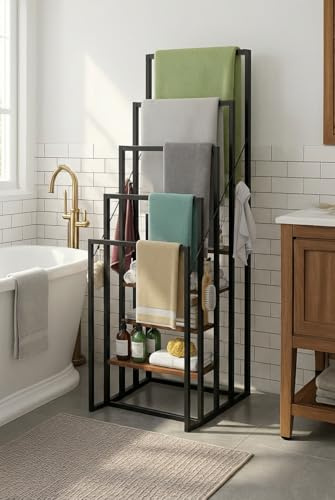 Freestanding Towel Rack,5-Tier Towel Rail Freestanding with 4 Wood Storage Shelves and 4 Hooks,Metal Towels Holder Drying Stand,Bathroom Accessories Organizer for Home, Bathroom,Washroom,117*40*43cm