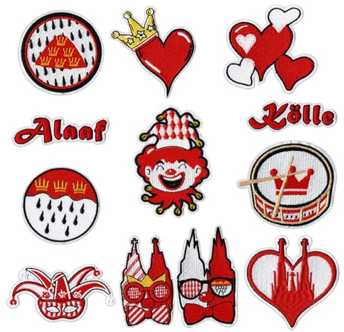 Fsahiuf 12 stycken Köln, karneval, lappar, vit, röd, stryklappar, söta broderade reparationslappar för att sy på eller stryka, karnevalslappar för kläder, jeans, byxor, sömnad, hattar, pysseltillbehör