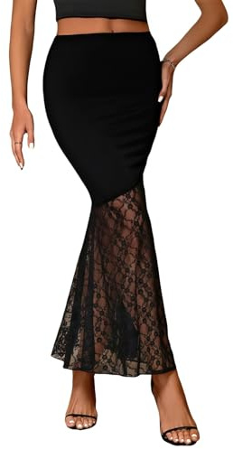 SamHeng Women High Waist Bodycon Fishtail Long Lace Skirts | Stretchy Black Lace Maxi Skirt for Party Office Work Elastic Waisted Hip Wrap Skirt for Festival Clubwear Casual Daily
