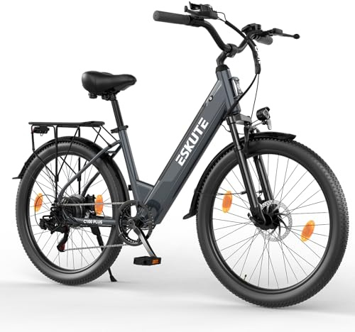 ESKUTE C100 Plus E-Bike, 26 Zoll Elektrofahrrad, E-Cityrad 250W HeckMotor, 36V 13Ah Wechselakku, bis zu 100km, LCD-Display, Tiefeinsteiger E-CityBike Für Damen und Herren Erwachsene