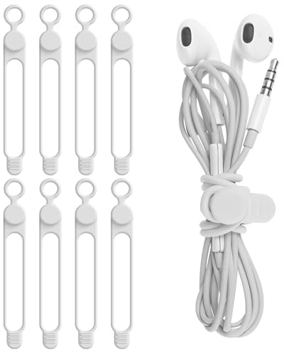 Nearockle - Juego de 8 correas de cable de silicona para auriculares, cargador de teléfono, ordenador, accesorios de cable de fijación reutilizables para el hogar, la oficina, color blanco