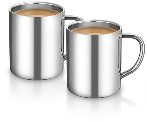 Lot de 2 tasses à café à double paroi en acier inoxydable - 400 ml - Tasse de camping isotherme à double paroi - Pour l'extérieur, le camping et les voyages - Argent métallique 304