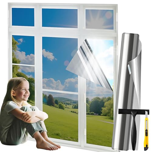 Spiegelfolie Fenster 44.5 * 200CM Hitzeschutzfolie Fenster innen & außen Sichtschutzfolie Selbstklebend UV Folie Sonnenschutzfolie Rückstandslose Fensterfolie Thermofolie Hitzeschutz