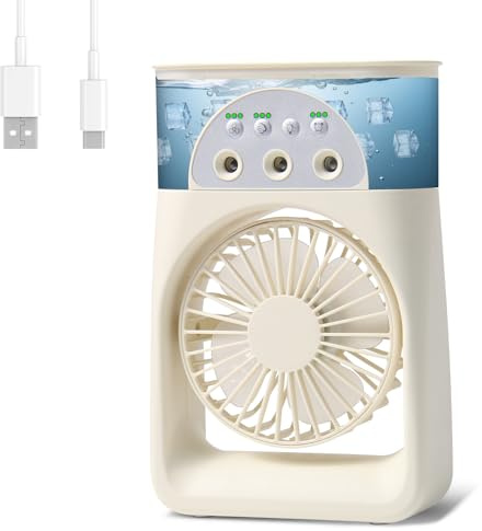 Mini Aire Acondicionado Portatil,3 en1 Mini Enfriador de Aire de 250ml, Mini Refrigerador de Aire Móvil Ventilador USB,3 Velocidades,7 LED Climatizador Portatil para Dormitorios,Oficinas
