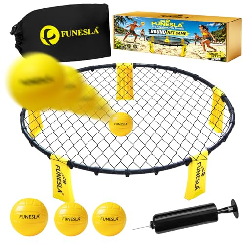 Funesla Roundnet Set mit Tasche für Strand & Garten, Outdoorspiel mit direkter Steckmontage, inkl. 3 Bälle (12cm/9cm), Luftpumpe mit Nadelhalter