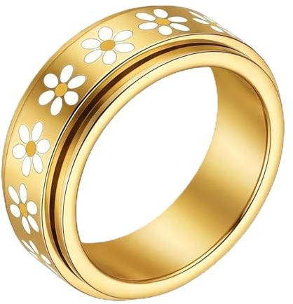 HIVTE Anillo de Margarita Giratorio para Mujer, Anillo Anti-estrés de Acero Inoxidable, Joyería Relajante Ajustable, Talla 52