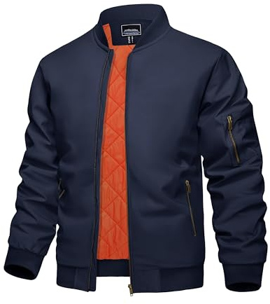 KEFITEVD Chaquetas Bombardero Prueba Viento Hombres Abrigos Moto Béisbol Cálidos Chaqueta Trabajo Invierno con 4 Bolsillos,Azul Marino,L