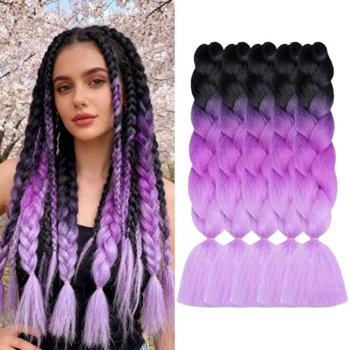 Capelli Extension Per Treccine Africane Capelli,ShowJarlly 5 Pc Ombre Jumbo Treccia Capelli, 24Sintetici Intrecciare I Capelli Estensioni Per Crochet Torsione Nero/Viola scuro/Viola chiaro