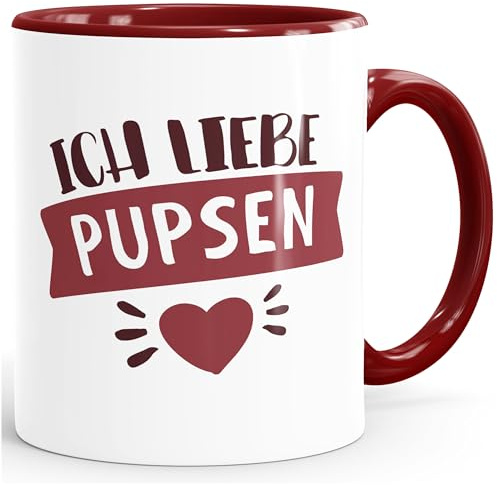 MoonWorks® Kaffee-Tasse lustiger Spruch Ich liebe pupsen personalisierbares Motiv Wunschname Geschenk witzige Liebeserklärung Bordeauxrot Keramik-Tasse
