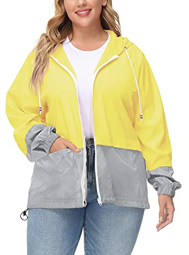 Avoogue Plus Lightweight Raincoat Walking Jackets Women Waterproof Windbreaker Packable Outdoor Hooded Rain Jacket Yellow/Grey 3XL