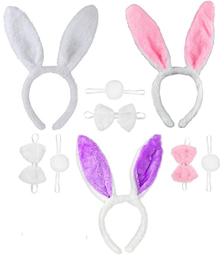 Coyanyu Lapin Bandeau Oreilles, 3 Ensembles Oreilles de Lapin Serre-tête et Noeud Papillon Queue pour Enfants Costume Cosplay Fête de Carnaval de Noël