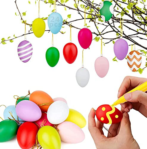 24 Stück Kunststoff Deko Eier, Ostereier zum Aufhängen, Easter Eggs, Osterstrauchdeko, Ostereier Deko mit Seil, Ostern Geschenk für Kinder, Ostereier Plastik, Frühlingsdeko zum Aufhängen Kunststoff
