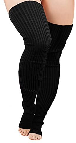 v28 Plus Size Knit Leg Warmer Women Thick Thigh High Boot Extra Long Large Socks(Plus Size- Black)