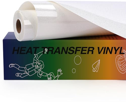 HTVRONT HTV Wärmetransfer-Vinyl-Rolle, Regenbogenweiß, 25,4 cm x 3 m, zum Aufbügeln, weißes Glitzer-HTV-Vinyl für Hemden, leicht zu schneiden und zu jäten