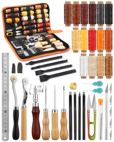 BUTUZE Leather Working Tools, Practical Leather Craft Kit with Waxed Thread Groover Awl Stitching Punch Hole for Leathercraft Beginner or Adults Gifts - Comes with Tool Manual