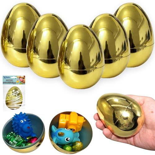 SRVertex 5Pk Jumbo Easter Eggs, 10cm Tall Plastic Golden Large Easter Egg Hinge Closure Bulk Empty Fillable Basket Stuffers, Easter Decorative Hunt Game Supplies