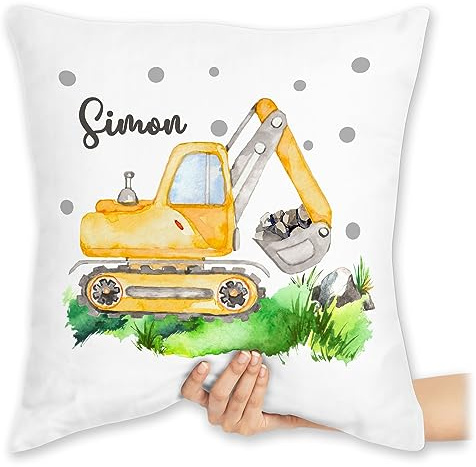 Kissen 40x40 Zierkissen - Bagger I Baggerfahrer Geschenk - 40 x 40 cm - Weiß - Bagger-Kissen kopfkissen baufahrzeug Name sitzkissen kinderkissen baufahrzeuge Fahrzeug Digger kissenhülle Kinder