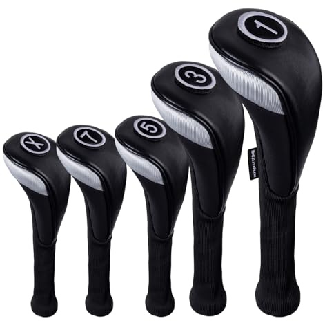 Andux 5 unids/Set Cubiertas de Cabeza de Palo de Madera de Golf de PU Controlador de 460cc con Cuello Largo Negro