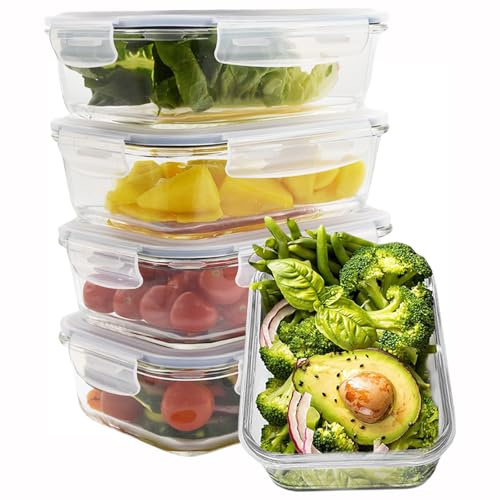 HOCHSTE Airtight Glass Food Containers with Lids - 5-Pack, 100% Leak Proof BPA Free Food Storage Containers with Locking Lids - Freezer to Oven Safe - Takeaway Containers - 5 Pack Blue - 840 ml