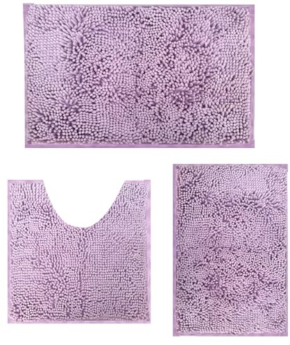 RUN HELIX Ultra Soft Chenille Bath Mat Non Slip, Bath Mat Set 3 Piece, Shaggy Bathroom Mats, Absorbent Bath Mats for Bathroom, Fluffy Bathrooms Mat Set with U-Shaped Toilet Rug (Light Purple)