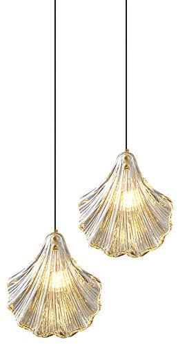 LGDEERCO 2er-Pack, komplett aus Kupfer, moderne Muschel-Pendelleuchte, H65, Messing-Kronleuchter, Glas-Lampenschirm, LED, 5 W, dekorative Hängelampe für Restaurant, Nachttisch, Bar, Kücheninsel, Esszi