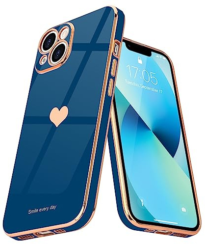 Teageo Lovely Case for iPhone 13, Cute Heart Back, Royal blue | Luxury Bling Plating, Soft TPU, Anti-Scratch Shockproof Bumper, for Women Girls, Lovely Heart Pattern