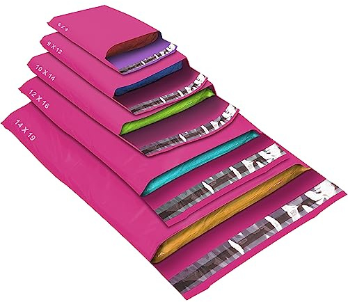 Versandtaschen in verschiedenen Größen, 5 Größen, selbstklebend, stark, wasserdicht, Poly-Kunststoff, für Pakete, Verpackungen, kleine, mittelgroße und große Post, 50 Stück, Pink