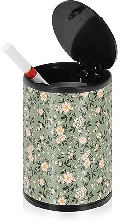 Trendy Floral Green Kleine Aschenbecher für Zigaretten mit Deckel Geruchssicher Edelstahl Tragbar Rauchfrei Selbstlöschend Butt Eimer