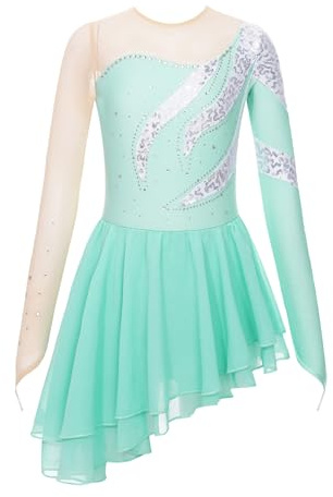 TiaoBug Mädchen Langarm Eiskunstlauf Kleid Asymmetrisches Kürkleid Metallic Tanzkleid mit Slip und Röckchen Tanzbekleidung