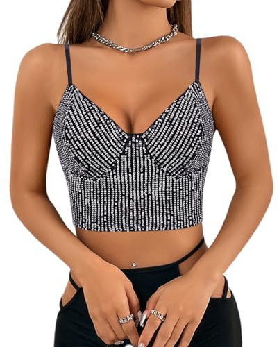 Segreto Damen Glitzer Pailletten Tanktop Spaghettiträger | Sexy Crop Top, Ärmellos Trägertop, Festival Party Club Metallisch Schwarz Camisole