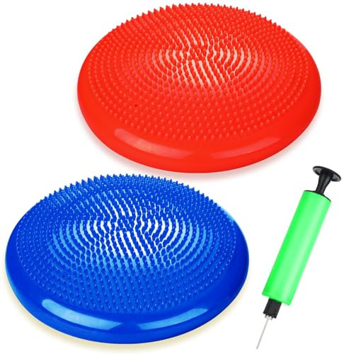 Silipull 2 Pcs Wiggle Seat Inflated Wobble Cushion Flexible Balance Disc with Air Pump for Core Stability Strengthening Improving Posture Physical Exercise(Blue and Red)
