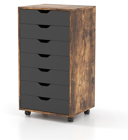 COSTWAY Mobile File Cabinet, 5/7 Drawers Lateral Stationery Storage Organiser Chest with Wheels, Home Office Printer Stand Side Filing Cupboard (Rustic Brown + Black, 7 Drawers)