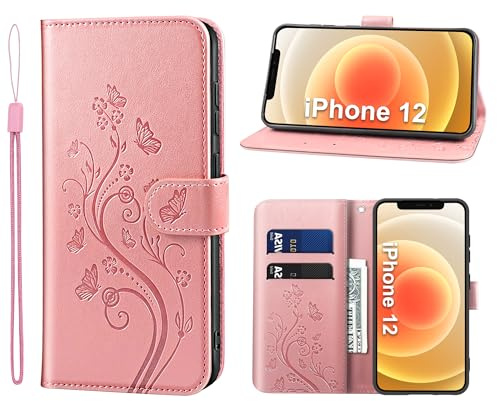 KRAFTCARE Lederhülle kompatibel mit iPhone 12 Hülle, Flip Wallet 12 Pro Handyhülle mit Kartenfach Ständer Premium PU Leder Klapphülle Schutzhülle für iPhone 12/12 ProRosa | Premium PU Leder mit Prägung, Kartenfach, Ständer, Magnetic Closure, RFID Blockierung, Flip Wallet Handyhülle, Rosa