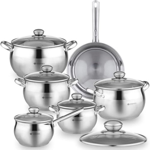 Daniks Classic Batterie de Cuisine INOX, 12 Pièces, Marmite avec Couvercles en Verre 16/18/20/24 cm, Casserole, Poêle 24 cm, Tous Feux Dont Induction, Échelle de Mesure, Argent
