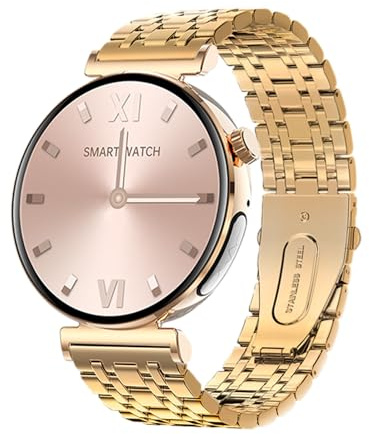 Knauermann PRO 3 Mini (2024) Gold - Gesundheitsuhr Smartwatch mit Telefoniefunktion - EKG + HRV und SOS Funktion - AMOLED Display - BT Bluetooth - Schlafapnoe - Gliederarmband Gold, 14-24, rund