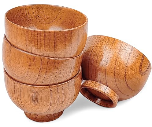 Originalidad Handmade Wood Bowls, Jujube Wooden Japanese Bowl for Rice, Soup, Dip, Salad, Tea, Decoration 4 Sets (4 Bowls 4.2 in)