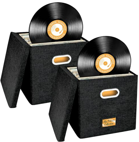 Aolawco Lot de 2 boîtes de rangement en vinyle pour disques de 13, boîtes pliantes pour LP jusqu'à 100 disques simples, organiseur d'album, CD, passeports, magazines, fichiers, couleur noire