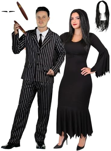 LOVETRENDS Adults Halloween Couples Costume - Pinstripe Suit Jacket & Trousers, Spiv Tash and Cigar, Ragged Black Dress and Long Black Wig - Adults Deluxe Couples Halloween Fancy Dress Costume