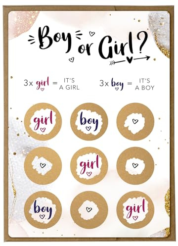 Joli Coon 5 Rubbelkarten Tic Tac Toe Geschlecht verkünden Girl, mit Kuvert | 350g Designerpapier, fühlbare UV-Lack-Veredelung, naturfarbenes Steckkuvert mit goldenem Herz, für Gender-Reveal-Partys