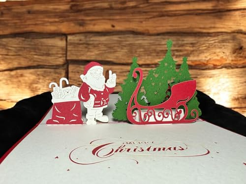 Lalasol Pop-Up Weihnachtskarte, 3D Karte mit Umschlag, Weihnachtsbaum, Weihnachtsmann mit Geschenken, Karte für die Feiertage (04)