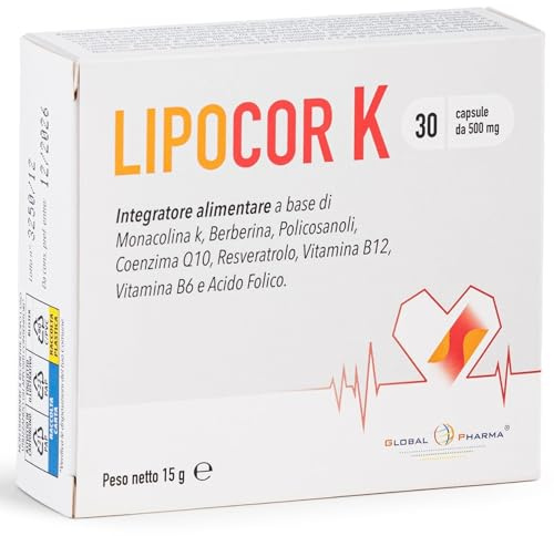 Monacolina k 2,9mg Integratore Per Colesterolo Salute Cardiovascolare Coenzima q10 berberina Vitamina B6 B12 Acido Folico Antiossidante Lipocor K Global Pharma 30 capsule