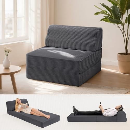 Kasunpul Folding Sofa Bed with Pillow, Memory Foam Fold Out Chair Bed, Convertible Sleeper Chair with Washable Cover, Futon Floor Couch for Living Room/Dorm/Guest Use/Home Office/Apartment, Gray