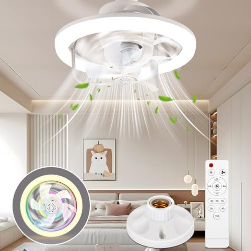 YOOHBERRYS Lampada con ventilatore, ventilatore da soffitto, piccolo, ventilatore RGB con portalampada E27, ventilatore da soffitto con illuminazione, 16 temperature di colore, timer e 3 livelli di
