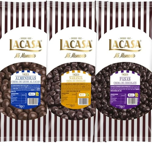Lacasa Mi Momento pack 3kg bolas: Pasas de Corinto con chocolate Negro,Almendra con chocolate con Leche,Dados de naranja con chocolate Negro